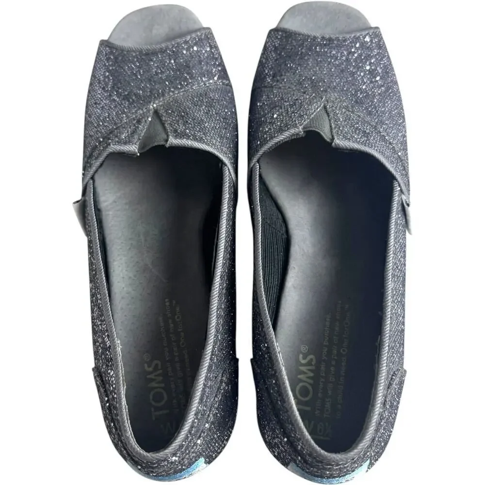 Toms Pewter Embellished Glitters Peep Toe Wedge Pumps Silver Women's Size 6.5